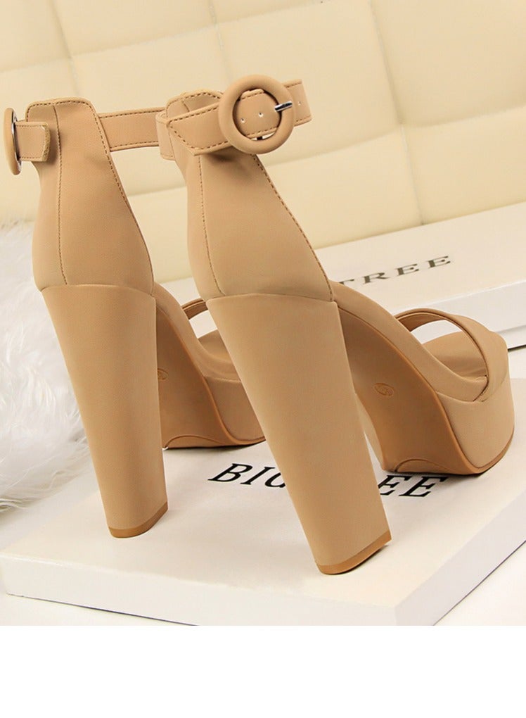 Women's Thick Heeled High Heels With Waterproof Platform Open Toe Chunky Heel Sandals Shoes With Adjustable Buckle Khaki