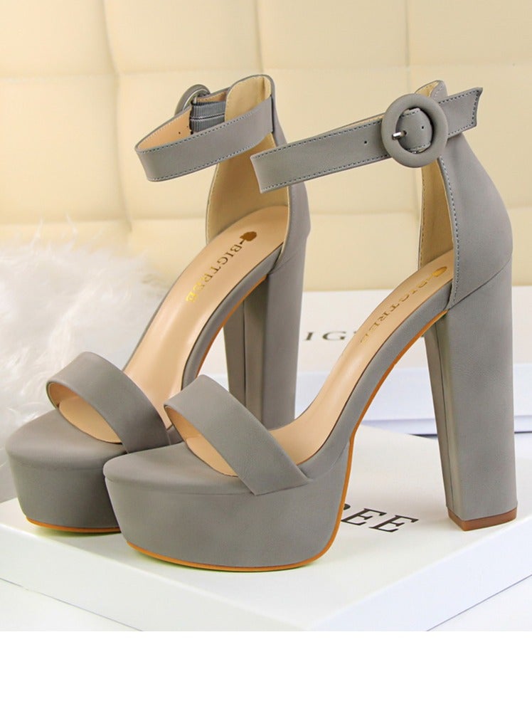 Women's Thick Heeled High Heels With Waterproof Platform Open Toe Chunky Heel Sandals Shoes With Adjustable Buckle Gray