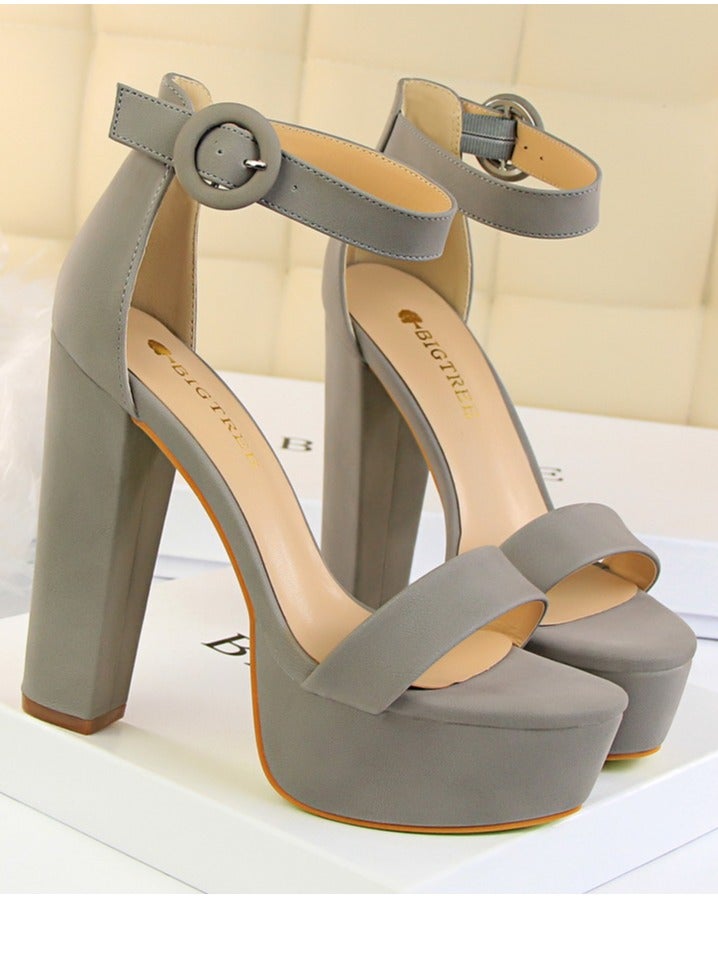 Women's Thick Heeled High Heels With Waterproof Platform Open Toe Chunky Heel Sandals Shoes With Adjustable Buckle Gray