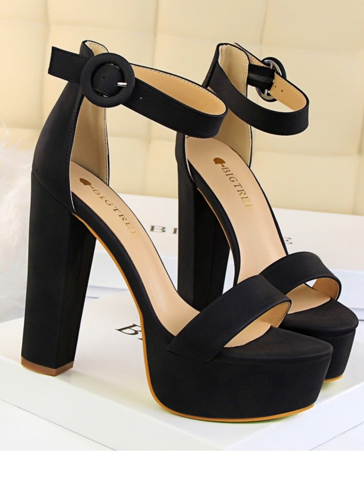 Women's Thick Heeled High Heels With Waterproof Platform Open Toe Chunky Heel Sandals Shoes With Adjustable Buckle Black