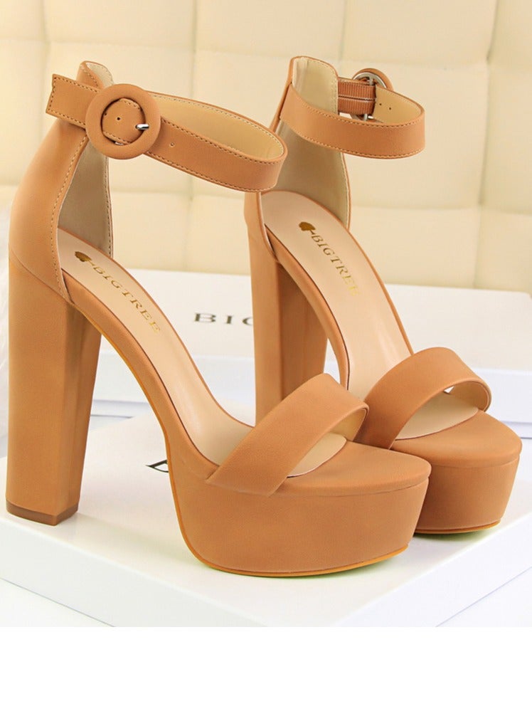 Women's Thick Heeled High Heels With Waterproof Platform Open Toe Chunky Heel Sandals Shoes With Adjustable Buckle Camel