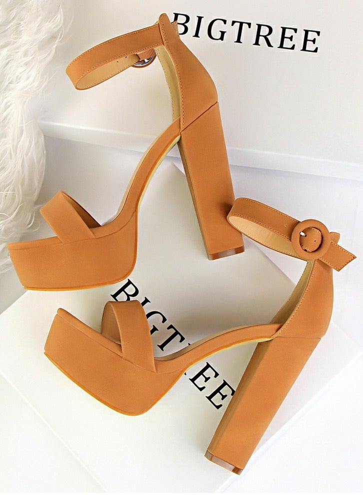 Women's Thick Heeled High Heels With Waterproof Platform Open Toe Chunky Heel Sandals Shoes With Adjustable Buckle Camel