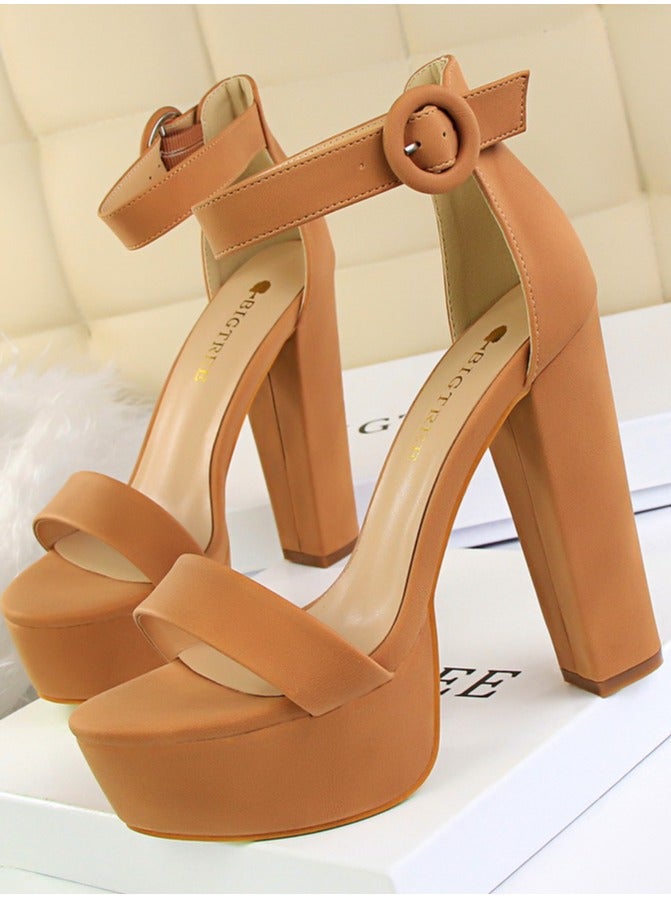 Women's Thick Heeled High Heels With Waterproof Platform Open Toe Chunky Heel Sandals Shoes With Adjustable Buckle Camel