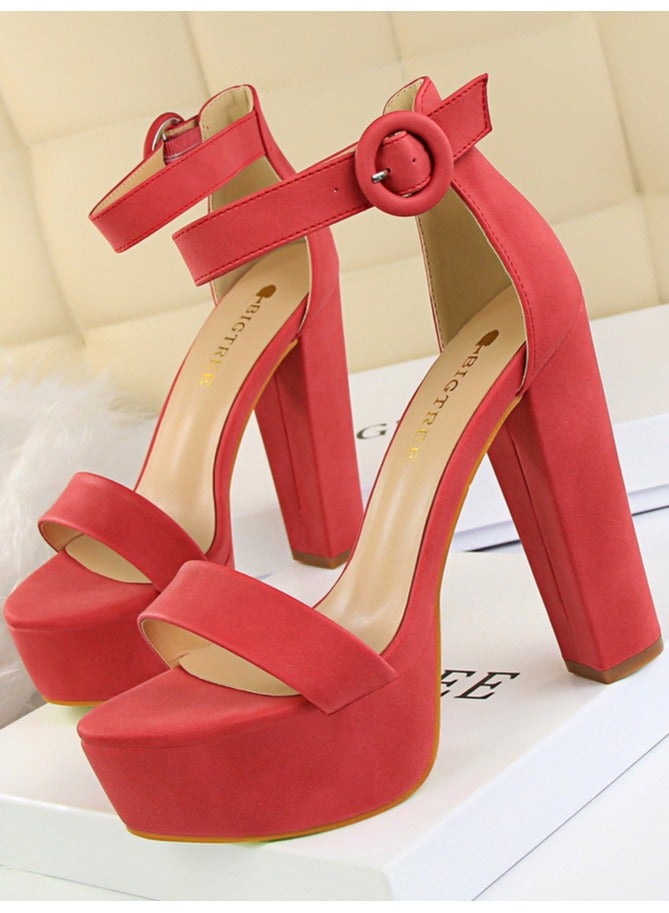 Women's Thick Heeled High Heels With Waterproof Platform Open Toe Chunky Heel Sandals Shoes With Adjustable Buckle Red