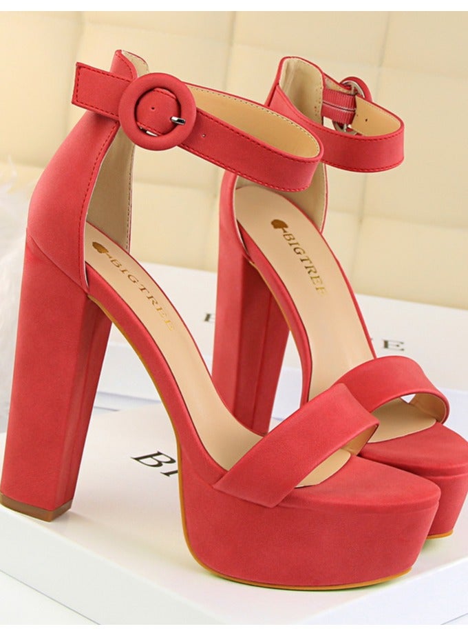 Women's Thick Heeled High Heels With Waterproof Platform Open Toe Chunky Heel Sandals Shoes With Adjustable Buckle Red