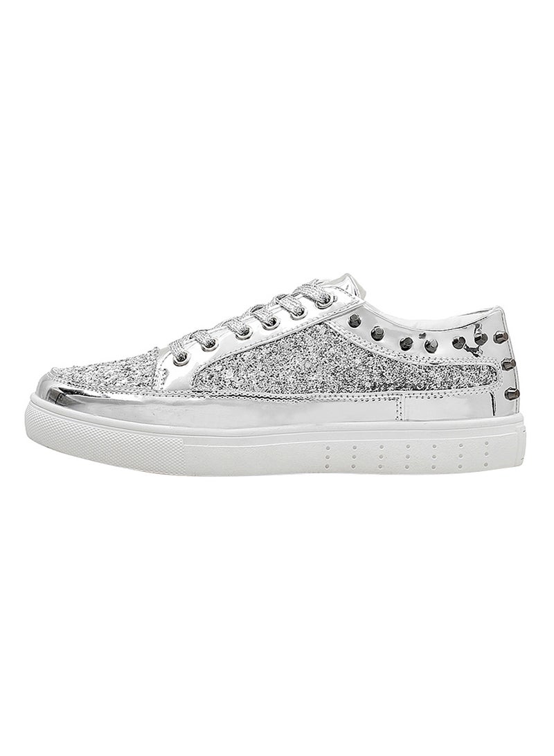 Glitter Shinny Leather Lace Up Trainers Fatt-Tom-1041 Silver