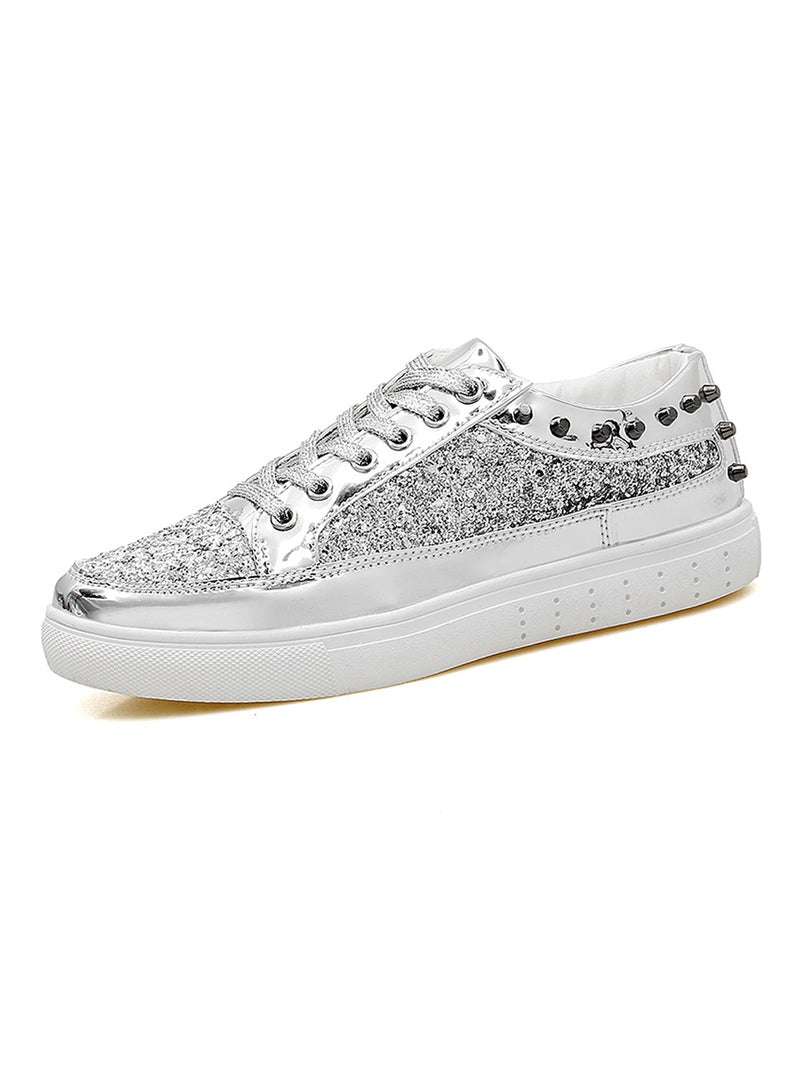 Glitter Shinny Leather Lace Up Trainers Fatt-Tom-1041 Silver