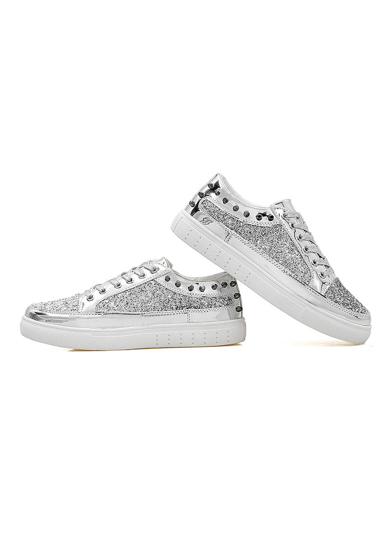 Glitter Shinny Leather Lace Up Trainers Fatt-Tom-1041 Silver