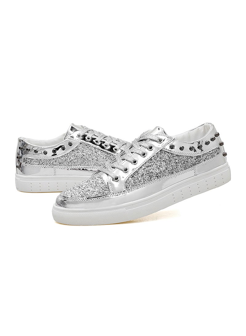 Glitter Shinny Leather Lace Up Trainers Fatt-Tom-1041 Silver