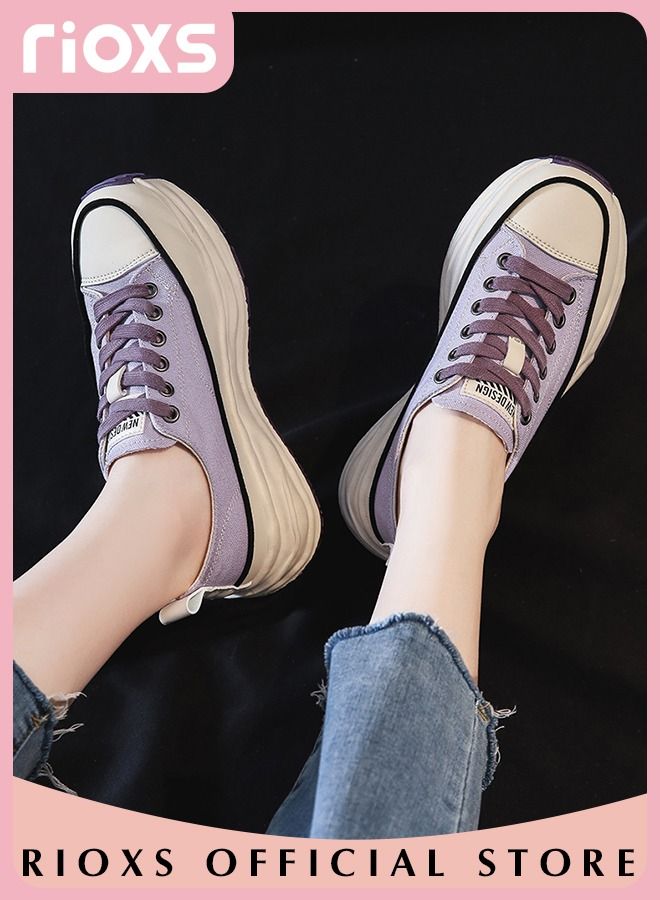 Fashion Thick Sole Canvas Shoes for Women, Casual Low Top Lace up Sneakers with Non-slip Rubber Sole, Ladies Classic Breathable Walking Shoes, Perfect for Casual Everyday Wear and Other Occasions