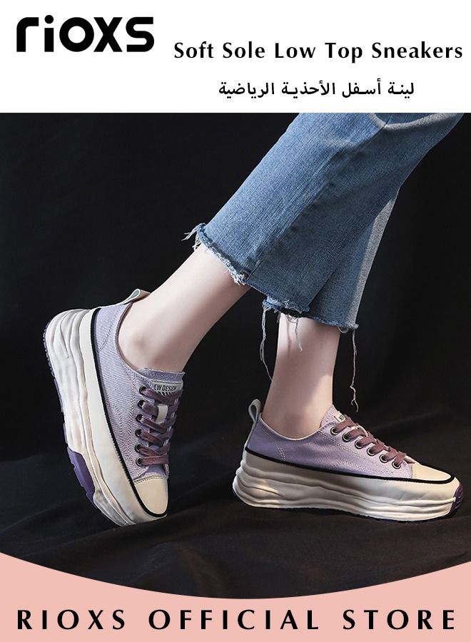 Fashion Thick Sole Canvas Shoes for Women, Casual Low Top Lace up Sneakers with Non-slip Rubber Sole, Ladies Classic Breathable Walking Shoes, Perfect for Casual Everyday Wear and Other Occasions