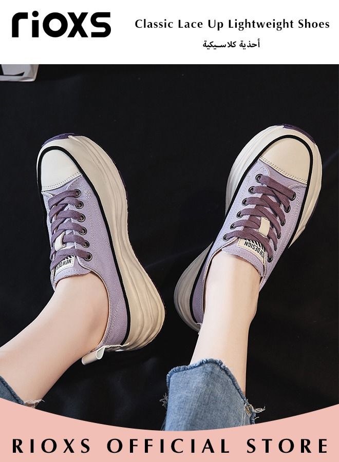 Fashion Thick Sole Canvas Shoes for Women, Casual Low Top Lace up Sneakers with Non-slip Rubber Sole, Ladies Classic Breathable Walking Shoes, Perfect for Casual Everyday Wear and Other Occasions