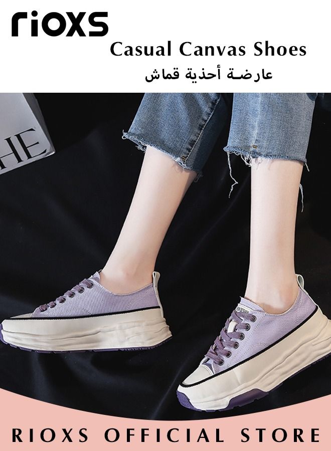 Fashion Thick Sole Canvas Shoes for Women, Casual Low Top Lace up Sneakers with Non-slip Rubber Sole, Ladies Classic Breathable Walking Shoes, Perfect for Casual Everyday Wear and Other Occasions