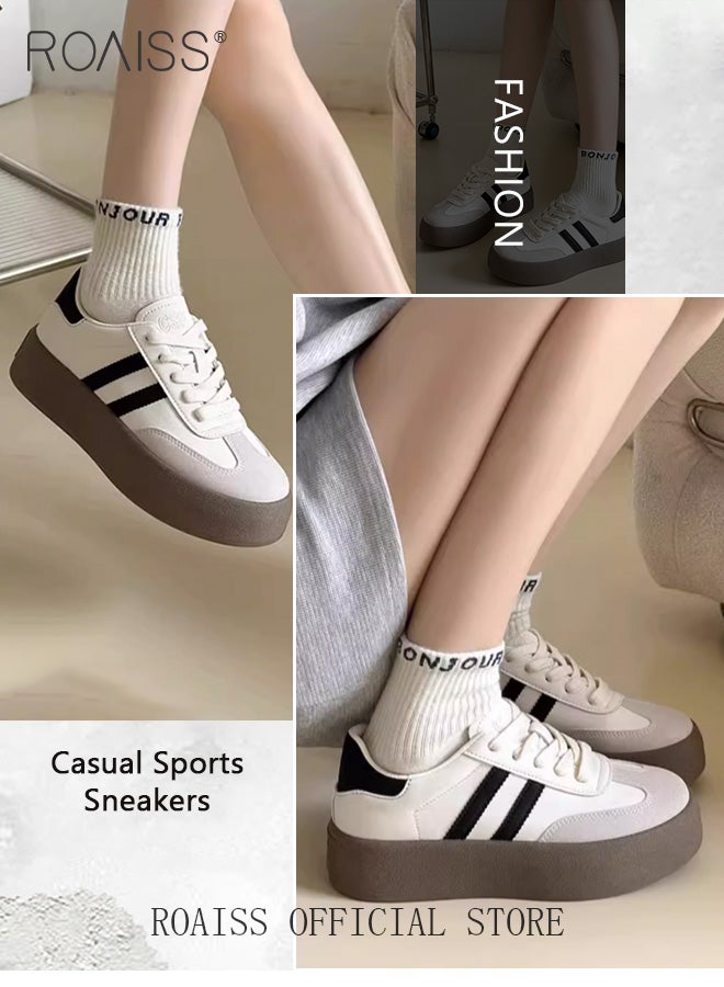 Women Platform Training Shoes Thick Soled Soft Leather Color Block Elevator Sneakers Perfect for Casual Sports Style
