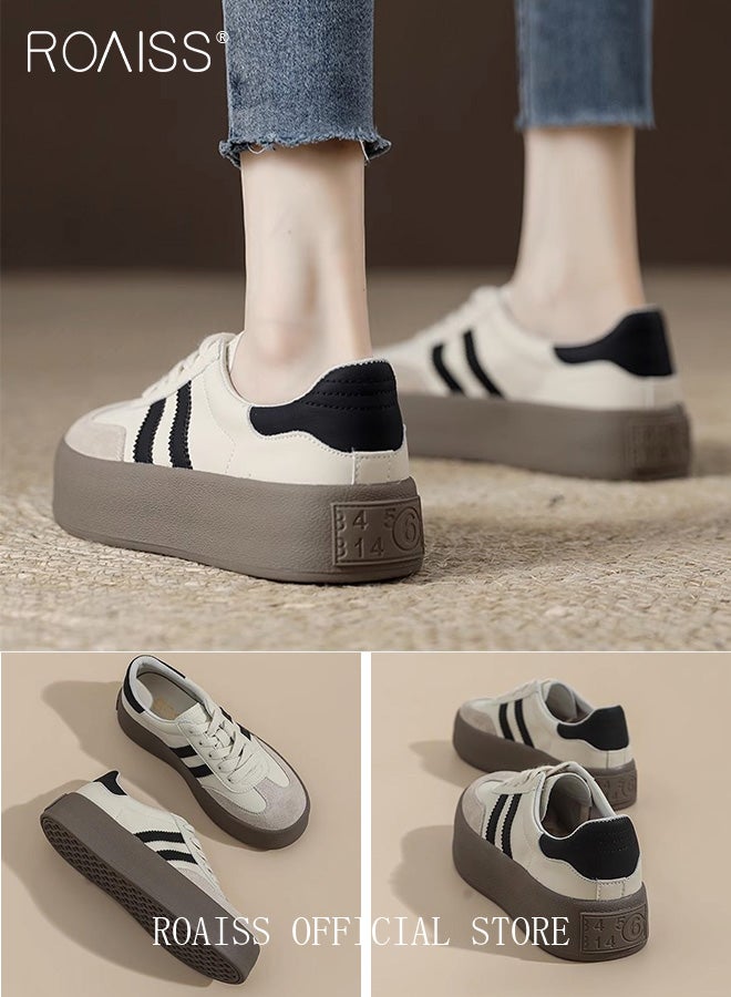 Women Platform Training Shoes Thick Soled Soft Leather Color Block Elevator Sneakers Perfect for Casual Sports Style