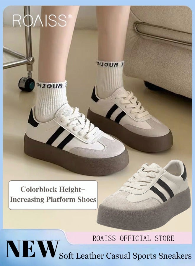 Women Platform Training Shoes Thick Soled Soft Leather Color Block Elevator Sneakers Perfect for Casual Sports Style