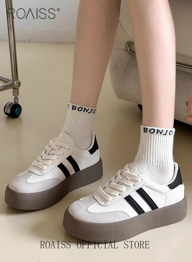 Women Platform Training Shoes Thick Soled Soft Leather Color Block Elevator Sneakers Perfect for Casual Sports Style