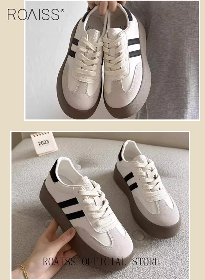 Women Platform Training Shoes Thick Soled Soft Leather Color Block Elevator Sneakers Perfect for Casual Sports Style