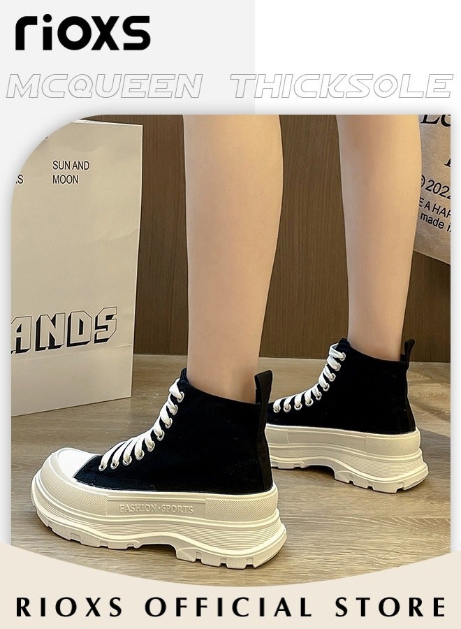 Women's Casual Canvas High Top Shoes, Classic Lace-up Shoes, Fashionable Flat Sneakers, Versatile Chunky Canvas Shoes, Suitable for Various Occasions and Any Outdoor Activities