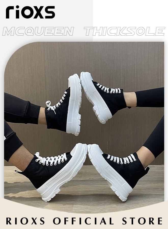 Women's Casual Canvas High Top Shoes, Classic Lace-up Shoes, Fashionable Flat Sneakers, Versatile Chunky Canvas Shoes, Suitable for Various Occasions and Any Outdoor Activities