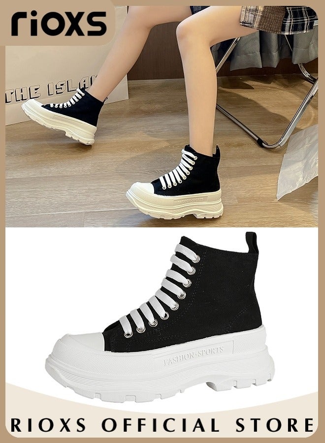 Women's Casual Canvas High Top Shoes, Classic Lace-up Shoes, Fashionable Flat Sneakers, Versatile Chunky Canvas Shoes, Suitable for Various Occasions and Any Outdoor Activities