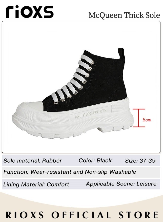 Women's Casual Canvas High Top Shoes, Classic Lace-up Shoes, Fashionable Flat Sneakers, Versatile Chunky Canvas Shoes, Suitable for Various Occasions and Any Outdoor Activities