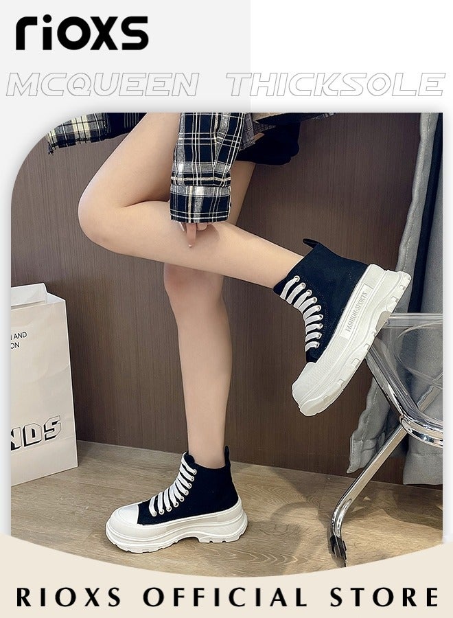 Women's Casual Canvas High Top Shoes, Classic Lace-up Shoes, Fashionable Flat Sneakers, Versatile Chunky Canvas Shoes, Suitable for Various Occasions and Any Outdoor Activities