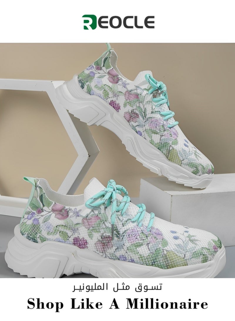 Women's Sneakers with Floral Printed Orthopedic Sneakers Lace-up Mesh Breathable Shoes Casual Lightweight Tennis Shoes for Running & Walking
