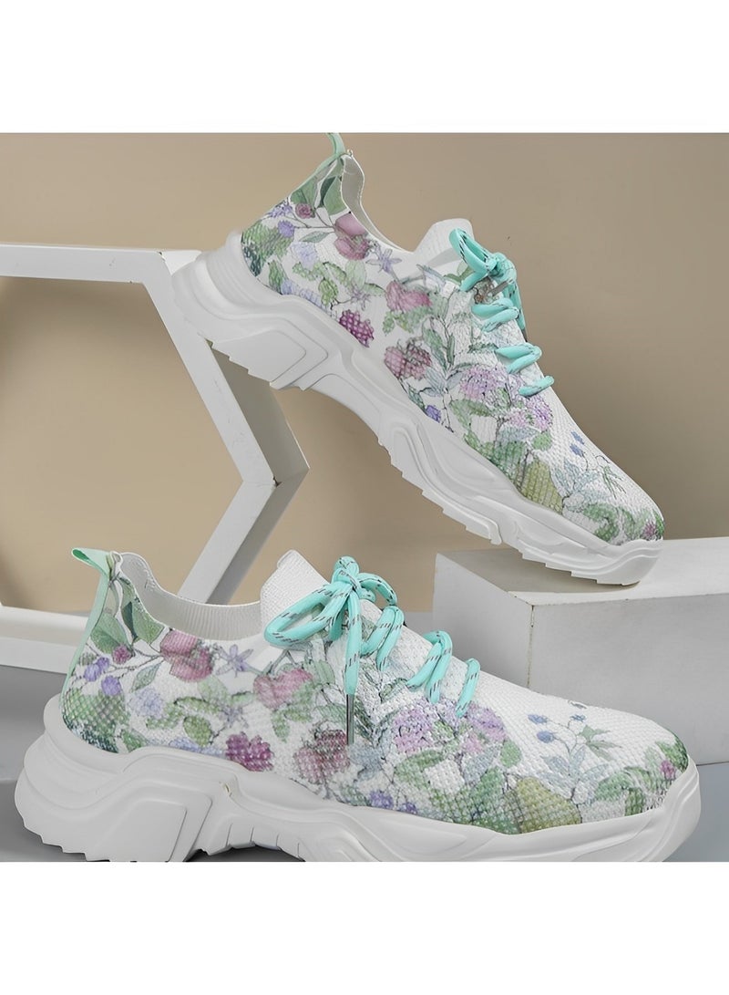 Women's Sneakers with Floral Printed Orthopedic Sneakers Lace-up Mesh Breathable Shoes Casual Lightweight Tennis Shoes for Running & Walking