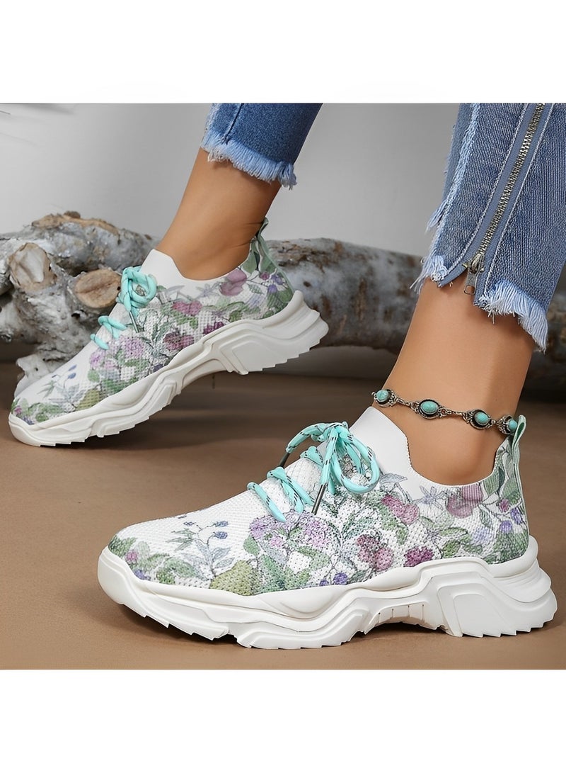 Women's Sneakers with Floral Printed Orthopedic Sneakers Lace-up Mesh Breathable Shoes Casual Lightweight Tennis Shoes for Running & Walking