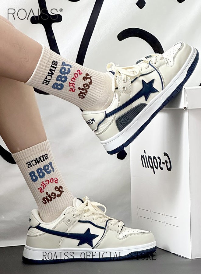 Women Casual Sneakers with Star Elements Versatile Women Flat Shoes Front Lace Up Design Rubber Outsole for Slip Resistance and Durability Fashionable Women Sports Shoes Personalized and Versatile
