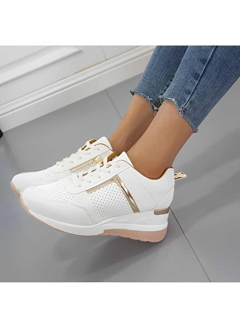 Women's Sneakers with High Heel Wedge Dressy Platform Hidden Wedge Tennis Shoes Lightweight Fashion Heeled Sneakers Lace Up