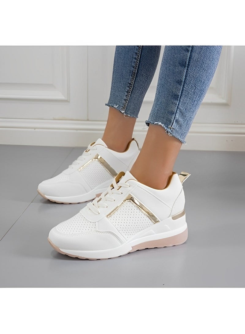 Women's Sneakers with High Heel Wedge Dressy Platform Hidden Wedge Tennis Shoes Lightweight Fashion Heeled Sneakers Lace Up