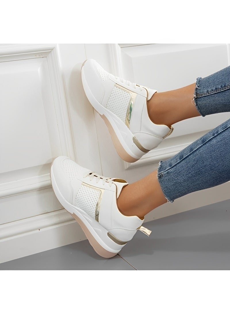 Women's Sneakers with High Heel Wedge Dressy Platform Hidden Wedge Tennis Shoes Lightweight Fashion Heeled Sneakers Lace Up