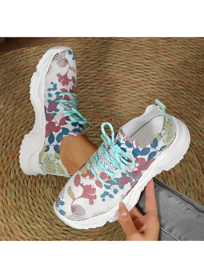 Women's Sneakers with Floral Printed Orthopedic Sneakers Lace-up Mesh Breathable Shoes Casual Lightweight Tennis Shoes for Running & Walking