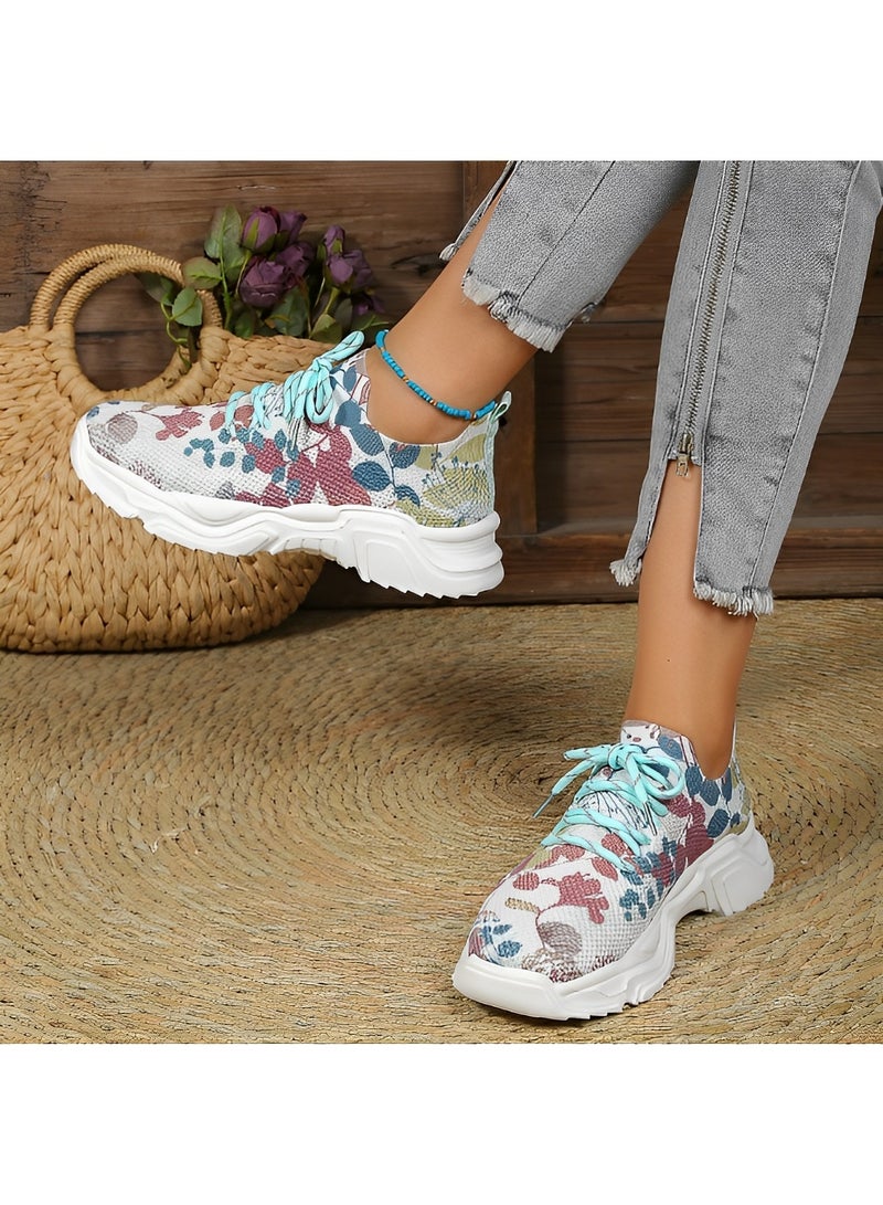 Women's Sneakers with Floral Printed Orthopedic Sneakers Lace-up Mesh Breathable Shoes Casual Lightweight Tennis Shoes for Running & Walking