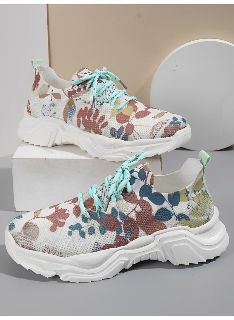 Women's Sneakers with Floral Printed Orthopedic Sneakers Lace-up Mesh Breathable Shoes Casual Lightweight Tennis Shoes for Running & Walking