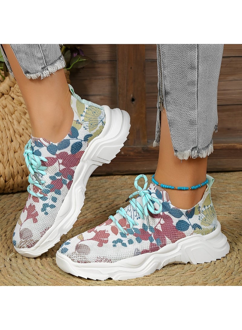 Women's Sneakers with Floral Printed Orthopedic Sneakers Lace-up Mesh Breathable Shoes Casual Lightweight Tennis Shoes for Running & Walking