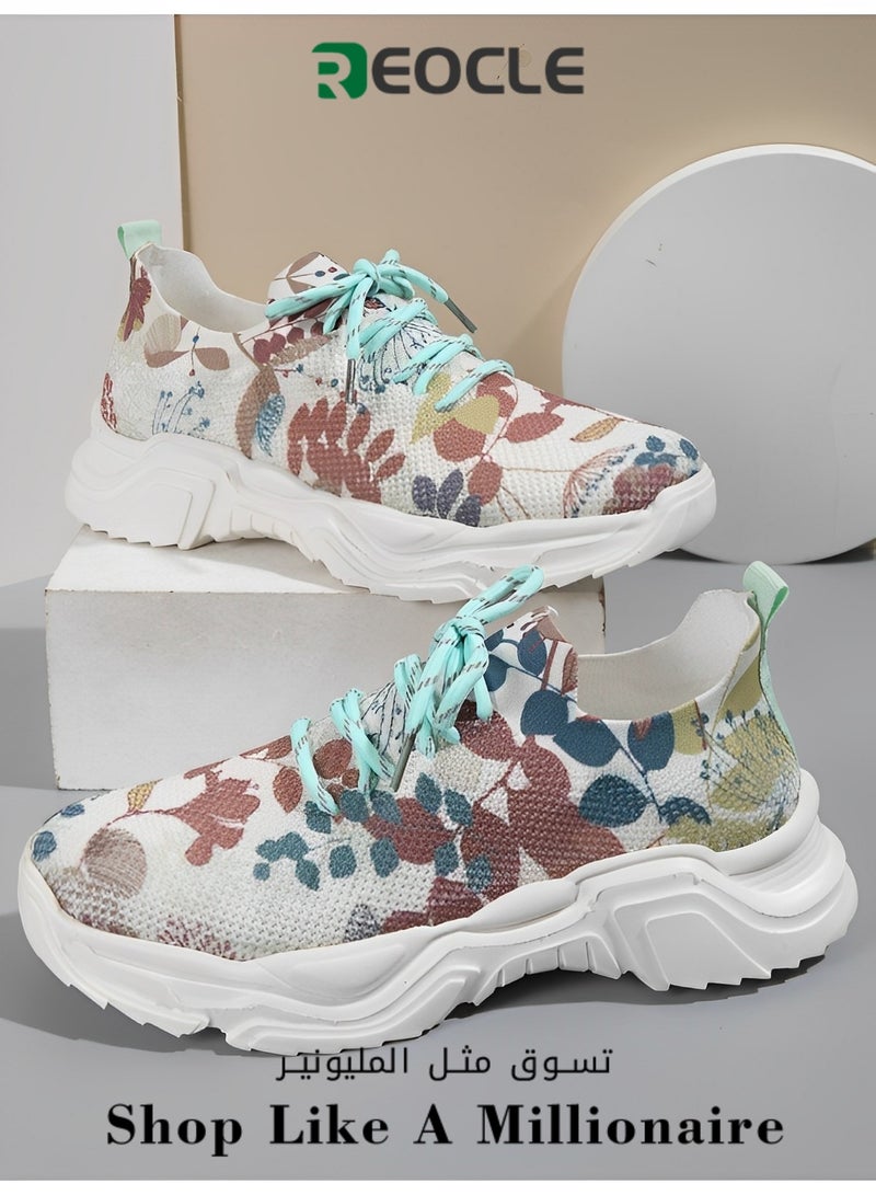 Women's Sneakers with Floral Printed Orthopedic Sneakers Lace-up Mesh Breathable Shoes Casual Lightweight Tennis Shoes for Running & Walking