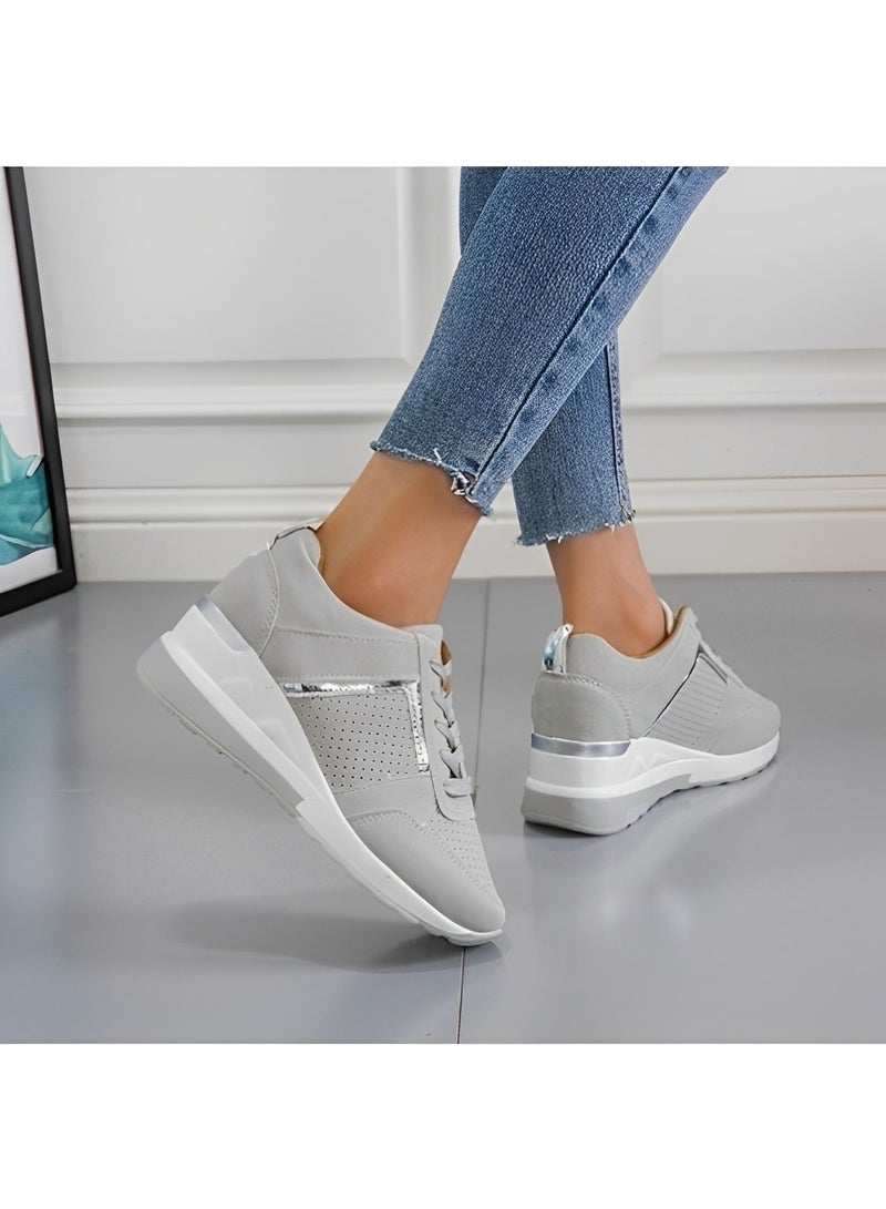 Women's Sneakers with High Heel Wedge Dressy Platform Hidden Wedge Tennis Shoes Lightweight Fashion Heeled Sneakers Lace Up