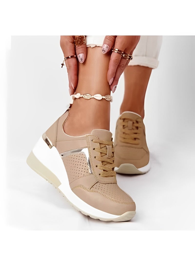 Women's Sneakers with High Heel Wedge Dressy Platform Hidden Wedge Tennis Shoes Lightweight Fashion Heeled Sneakers Lace Up