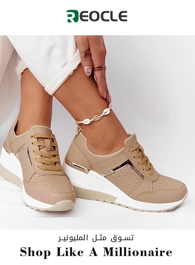 Women's Sneakers with High Heel Wedge Dressy Platform Hidden Wedge Tennis Shoes Lightweight Fashion Heeled Sneakers Lace Up