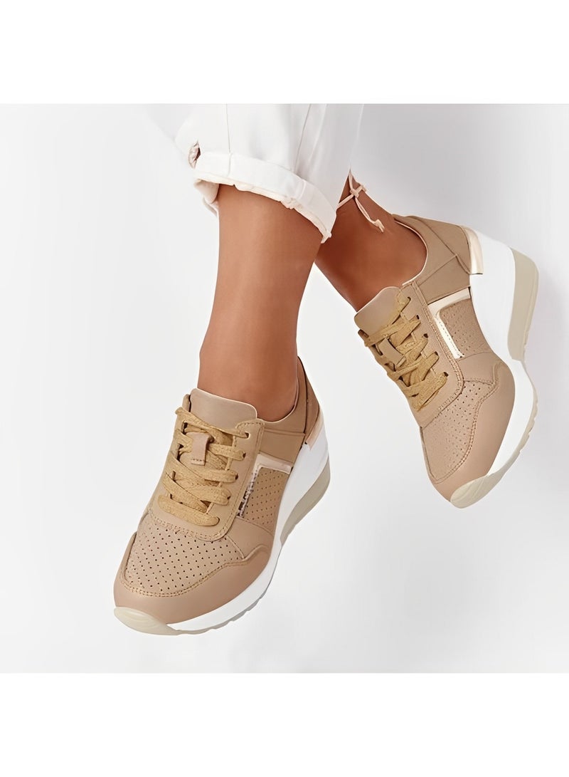 Women's Sneakers with High Heel Wedge Dressy Platform Hidden Wedge Tennis Shoes Lightweight Fashion Heeled Sneakers Lace Up