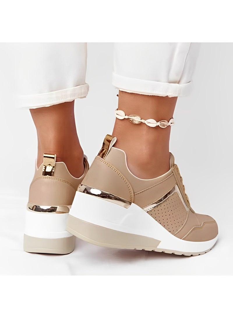 Women's Sneakers with High Heel Wedge Dressy Platform Hidden Wedge Tennis Shoes Lightweight Fashion Heeled Sneakers Lace Up