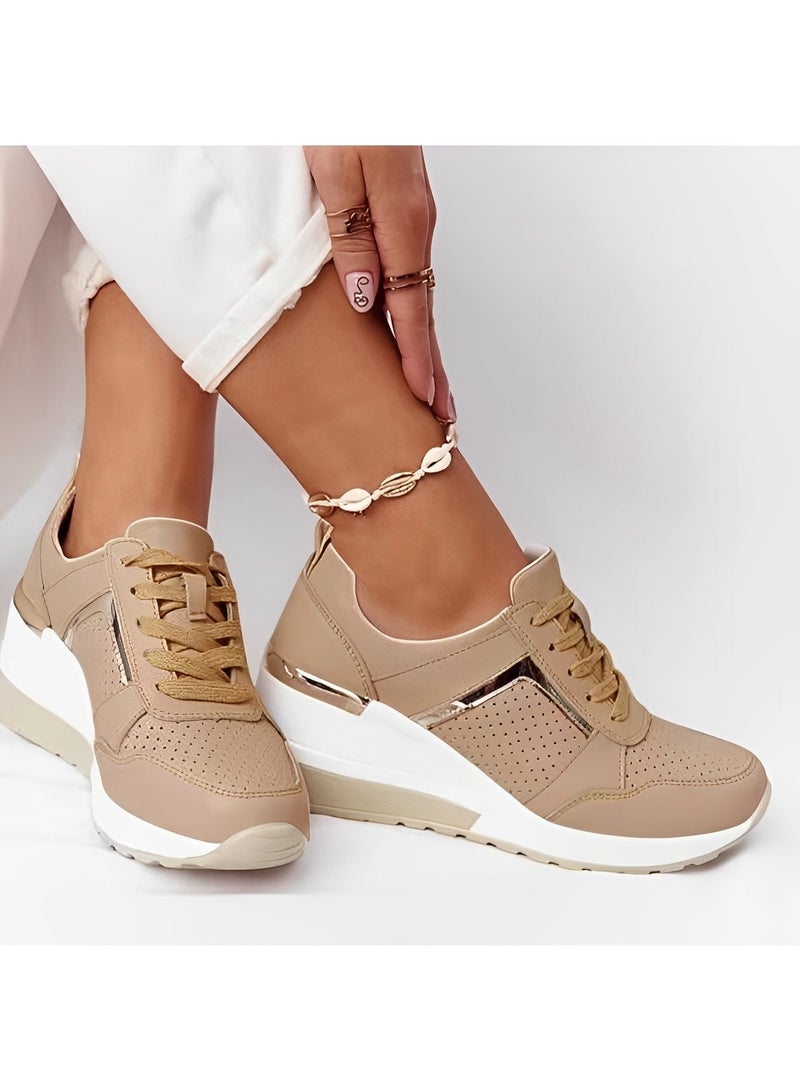 Women's Sneakers with High Heel Wedge Dressy Platform Hidden Wedge Tennis Shoes Lightweight Fashion Heeled Sneakers Lace Up