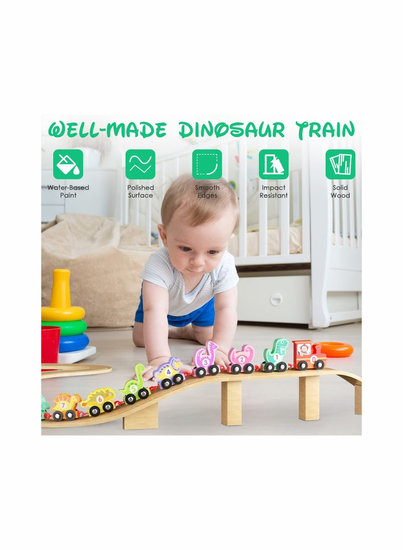 Wooden Dinosaur Train Set with Numbers,11 Pieces Train Cars Includes Locomotive , Count & Color Montessori Educational Toys for Toddlers Age 1 2 3 4