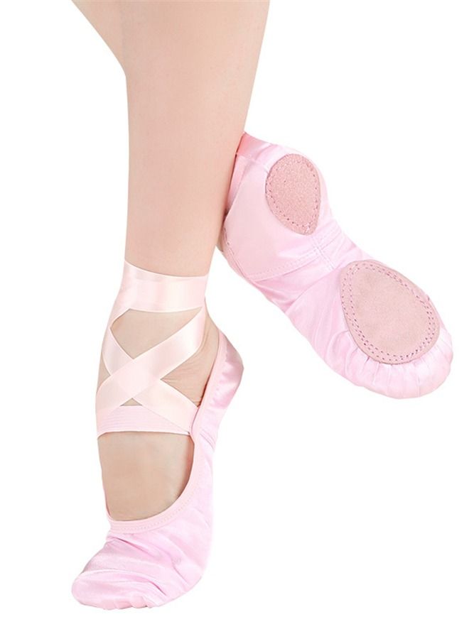 Ribbon Ballet Soft Sole Lace Up Training Dancing Shoes for Women Girls Pink Color