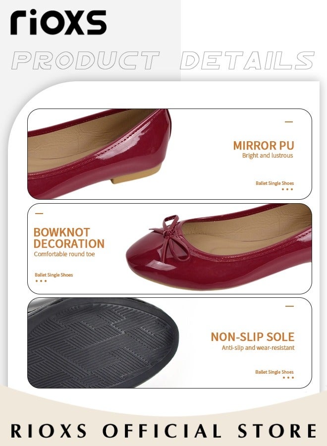 Women's Ballerina Flats, Round Toe Ballet Flats Shoes For Women, Soft Faux Leather Flats, Comfortable Dressy Casual Shoes With Bow Knot, Slip On Low Wedge Shoes, Mom Shoes Dressy Flats For Women Footwear, Ladies Dresses Shoes-Red Flats