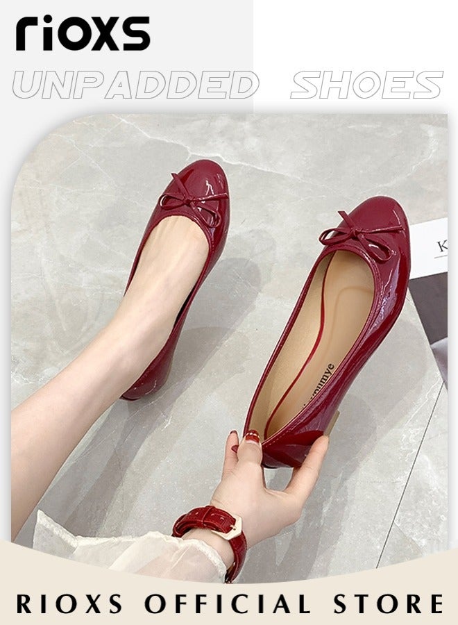 Women's Ballerina Flats, Round Toe Ballet Flats Shoes For Women, Soft Faux Leather Flats, Comfortable Dressy Casual Shoes With Bow Knot, Slip On Low Wedge Shoes, Mom Shoes Dressy Flats For Women Footwear, Ladies Dresses Shoes-Red Flats