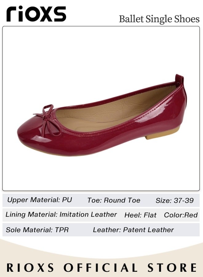 Women's Ballerina Flats, Round Toe Ballet Flats Shoes For Women, Soft Faux Leather Flats, Comfortable Dressy Casual Shoes With Bow Knot, Slip On Low Wedge Shoes, Mom Shoes Dressy Flats For Women Footwear, Ladies Dresses Shoes-Red Flats